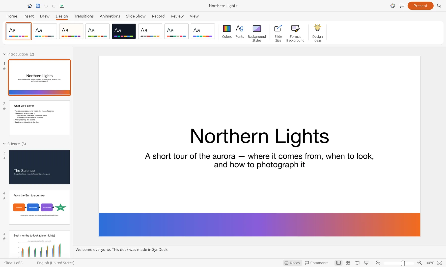 SynDeck's Design ribbon tab with its themes.